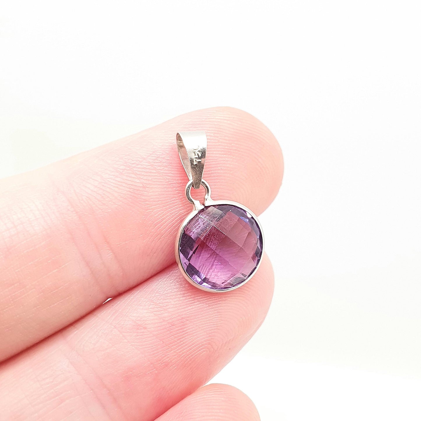 Vintage 18ct 18k White Gold Amethyst Necklace Pendant Round Rose Cut Solid 750 18kt Small Cute Genuine Womens Ladies Jewelry Jewellery