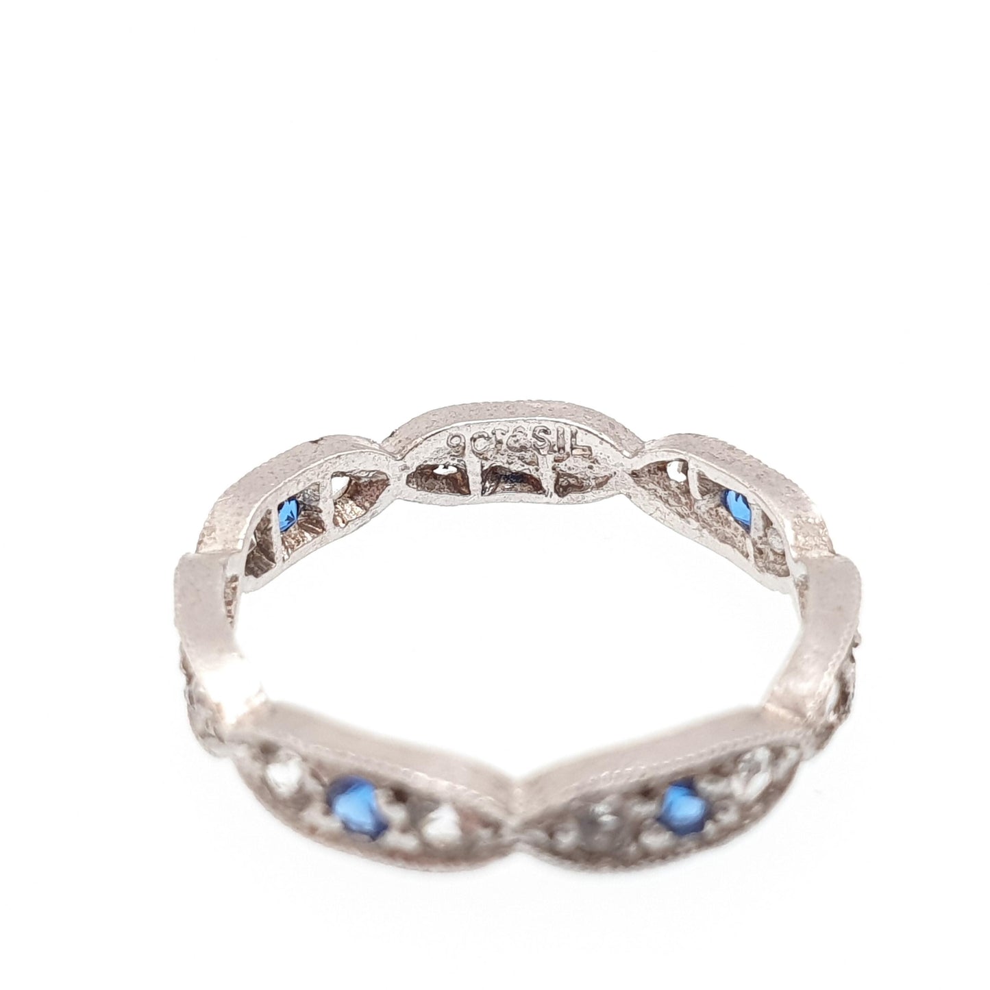 Antique Solid Silver Eternity Ring Blue & White Spinel 1920s Genuine Gemstone Band Stacker Fine Rare Full Estate Womens Jewelry Jewellery