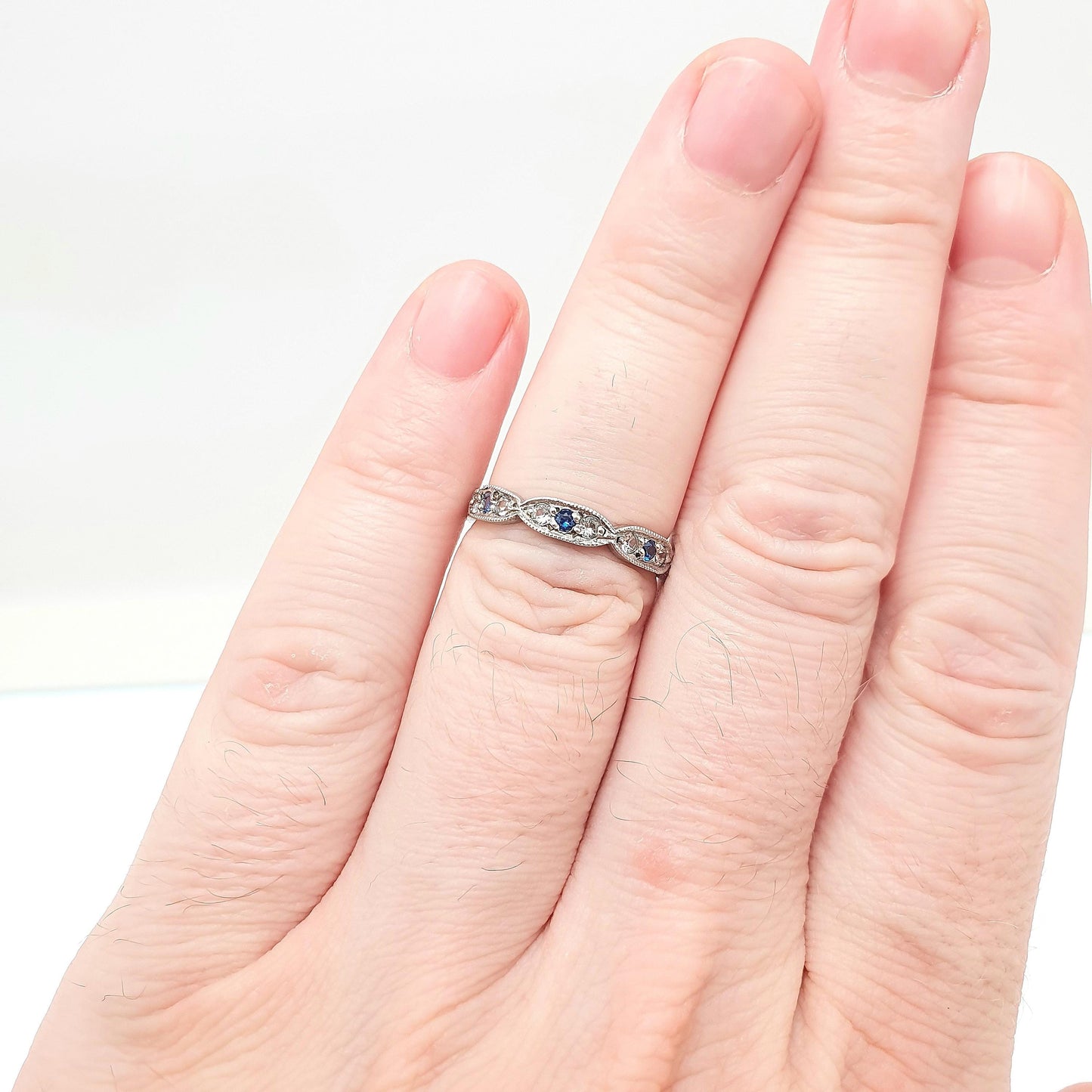Antique Solid Silver Eternity Ring Blue & White Spinel 1920s Genuine Gemstone Band Stacker Fine Rare Full Estate Womens Jewelry Jewellery