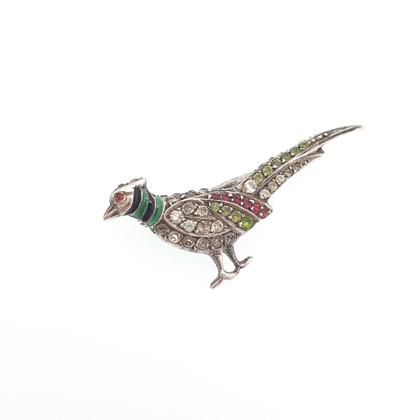 Antique Sterling Silver Pheasant Brooch Paste Enamel Head Art Deco Bird Peacock Partridge Style Hunting Vintage Womens Jewelry