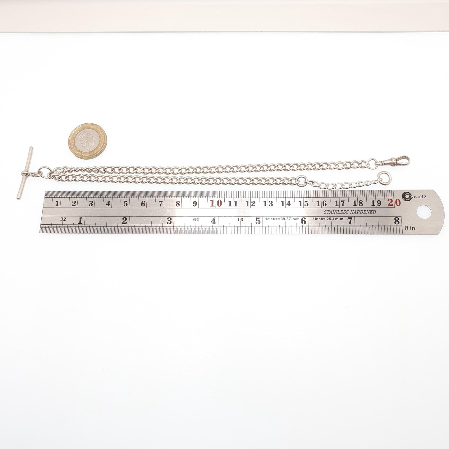 Antique Sterling Silver Albert Chain T Bar Necklace Curb Link Dog Clip 40cm 15.7" 25.68g 1913 Hallmark Vintage Jewelry Womens