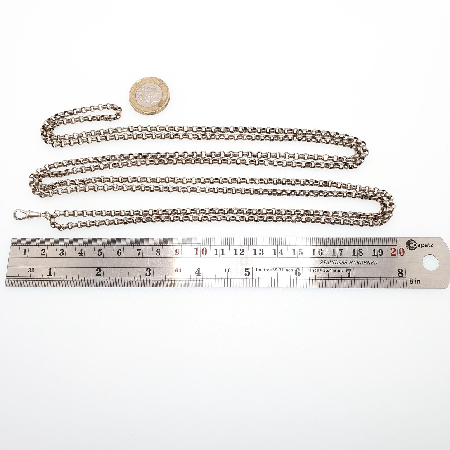 Antique Victorian Muff Chain Guard Necklace Silver Plate Belcher Rolo Link Dog Clip 41.37g 164cm 64" Very Long Vintage 1800s