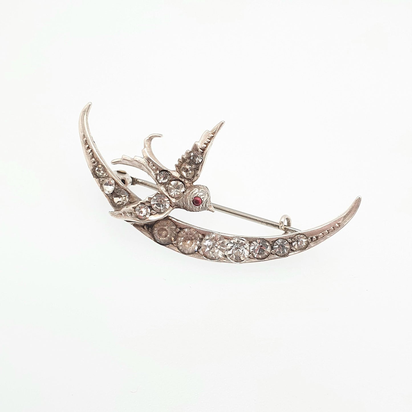 Antique Sterling Silver Bird Brooch Pin Diamond Paste Victorian Crescent Moon Cute Sweet Swallow Vintage Songbird Womens Jewelry Jewellery
