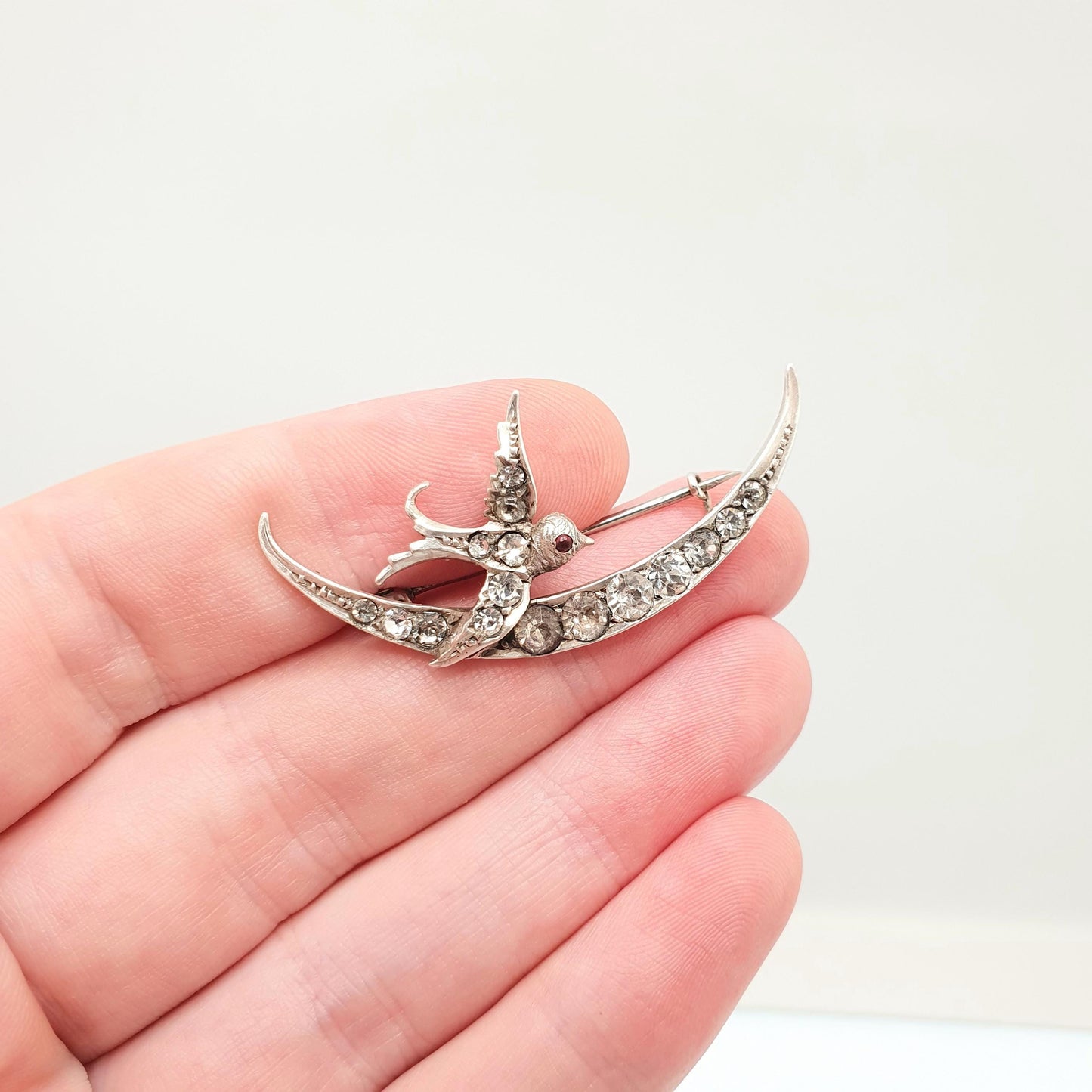 Antique Sterling Silver Bird Brooch Pin Diamond Paste Victorian Crescent Moon Cute Sweet Swallow Vintage Songbird Womens Jewelry Jewellery