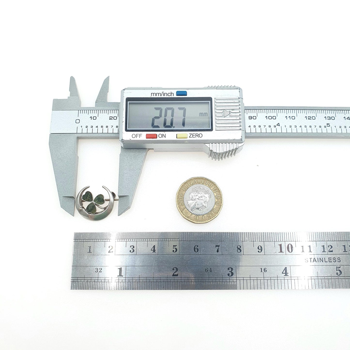 Antique Sterling Silver Connemara Marble Clover Crescent Moon Brooch Womens Jewellery Irish Pin Celtic Lucky Jewelry