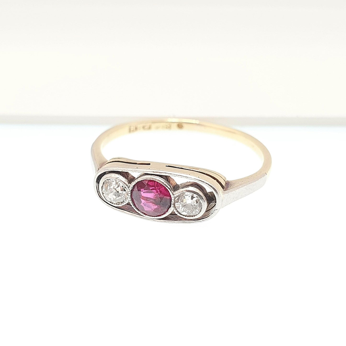 Antique 18ct Gold Natural Ruby & Diamond Ring Art Deco Solid 750 Trilogy 1920s Vintage Jewelry Jewellery