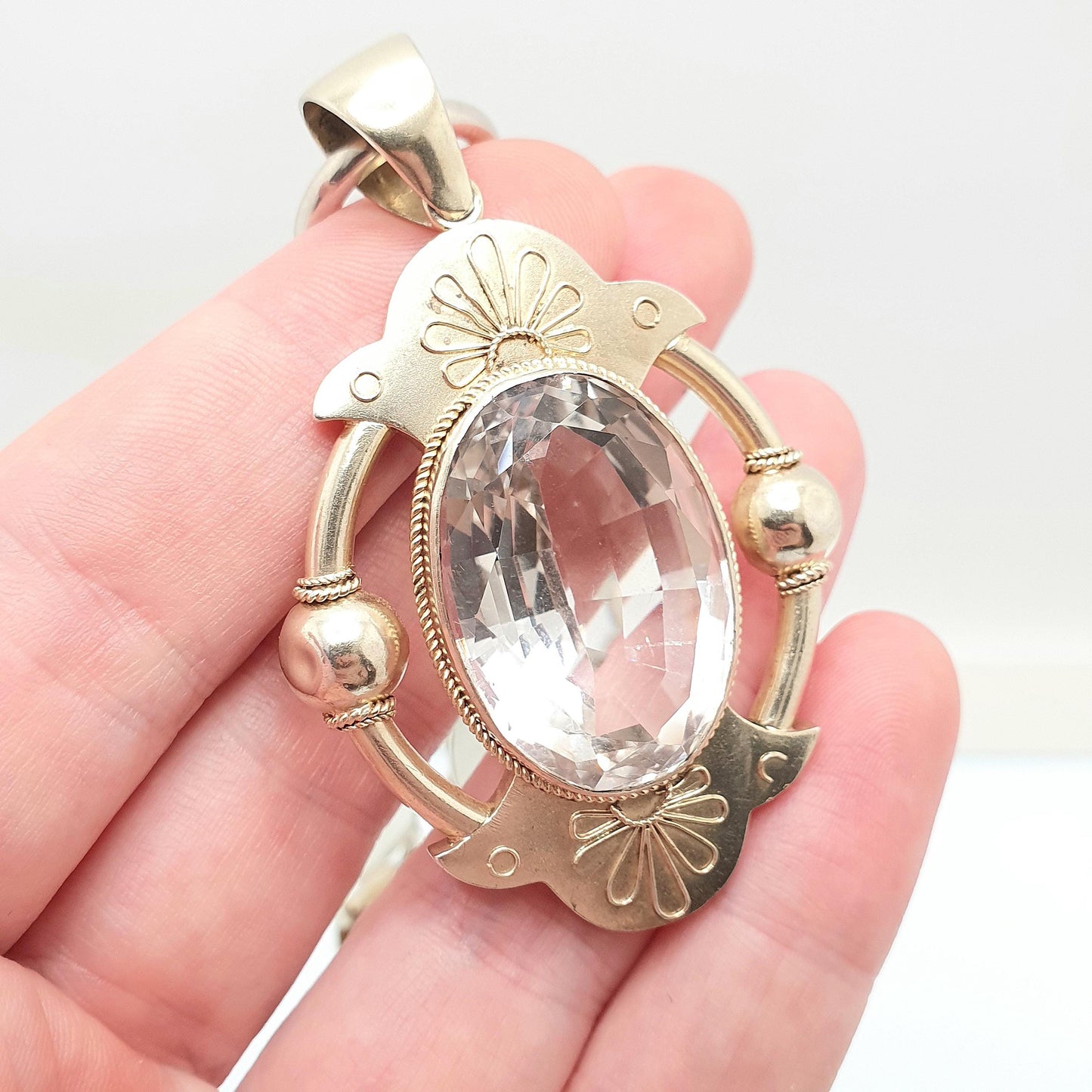 Antique Victorian Solid Silver Bookchain Rock Crystal Necklace Collar Book Chain Quartz Pendant Gold Vermeil Vintage Jewelry Jewellery
