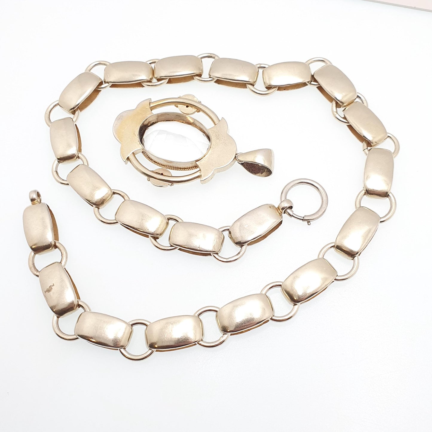 Antique Victorian Solid Silver Bookchain Rock Crystal Necklace Collar Book Chain Quartz Pendant Gold Vermeil Vintage Jewelry Jewellery