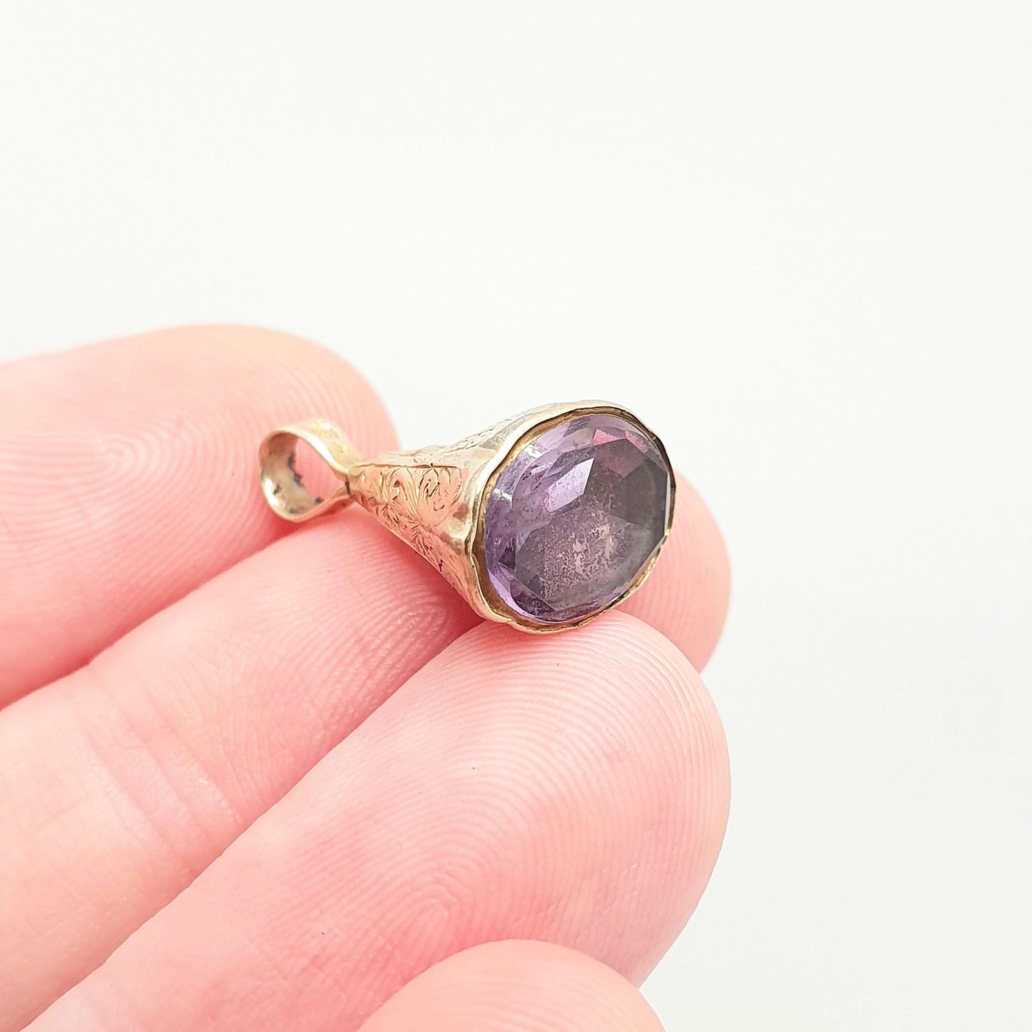 Antique 9ct 9k Gold Amethyst Fob Pendant Necklace Early Victorian Engraved Cone Purple Quartz Gemstone Solid 375 Vintage Jewellery Jewelry