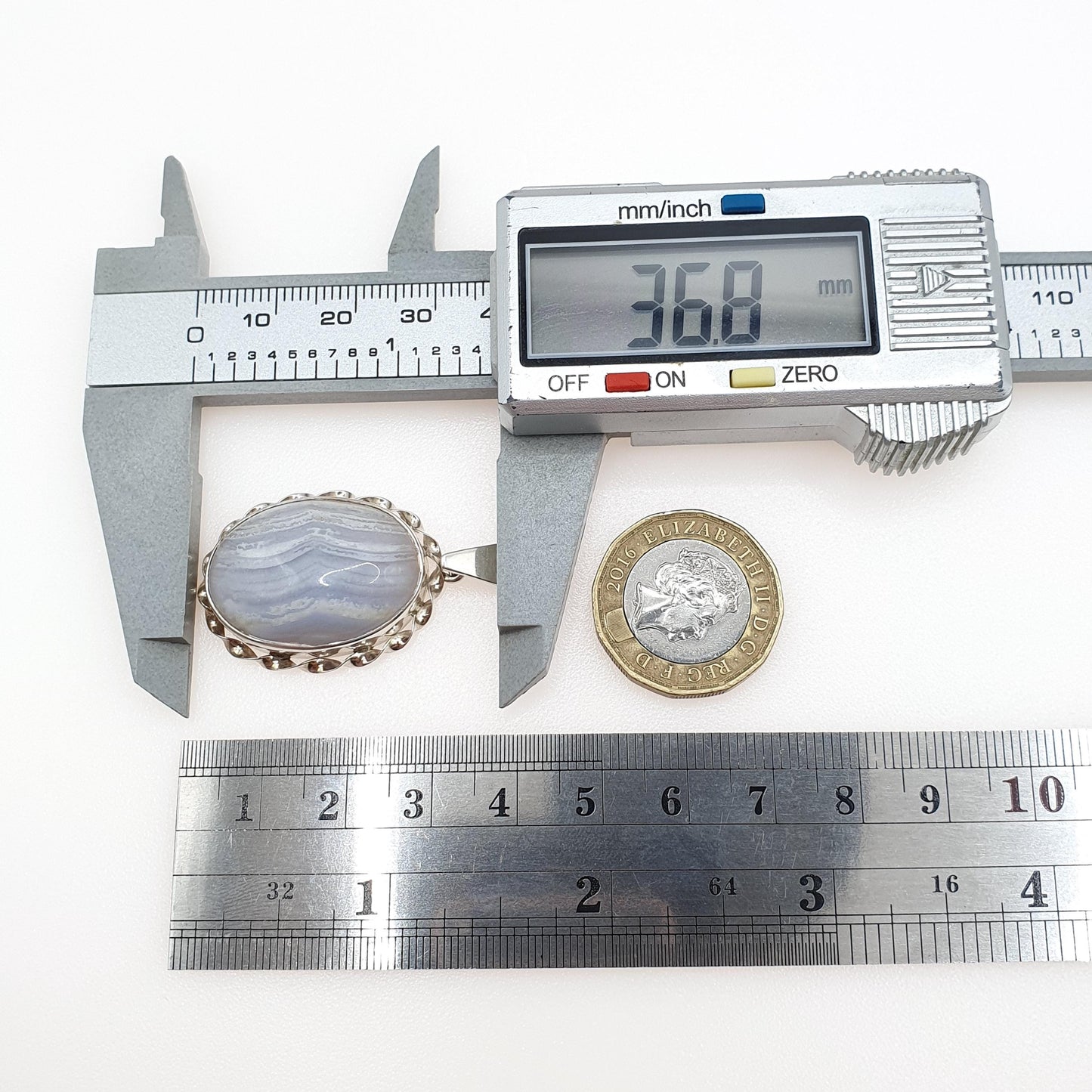 Vintage Solid Silver Montrose Lace Agate Necklace Pendant Chunky Retro Blue Handmade Womens Jewelry