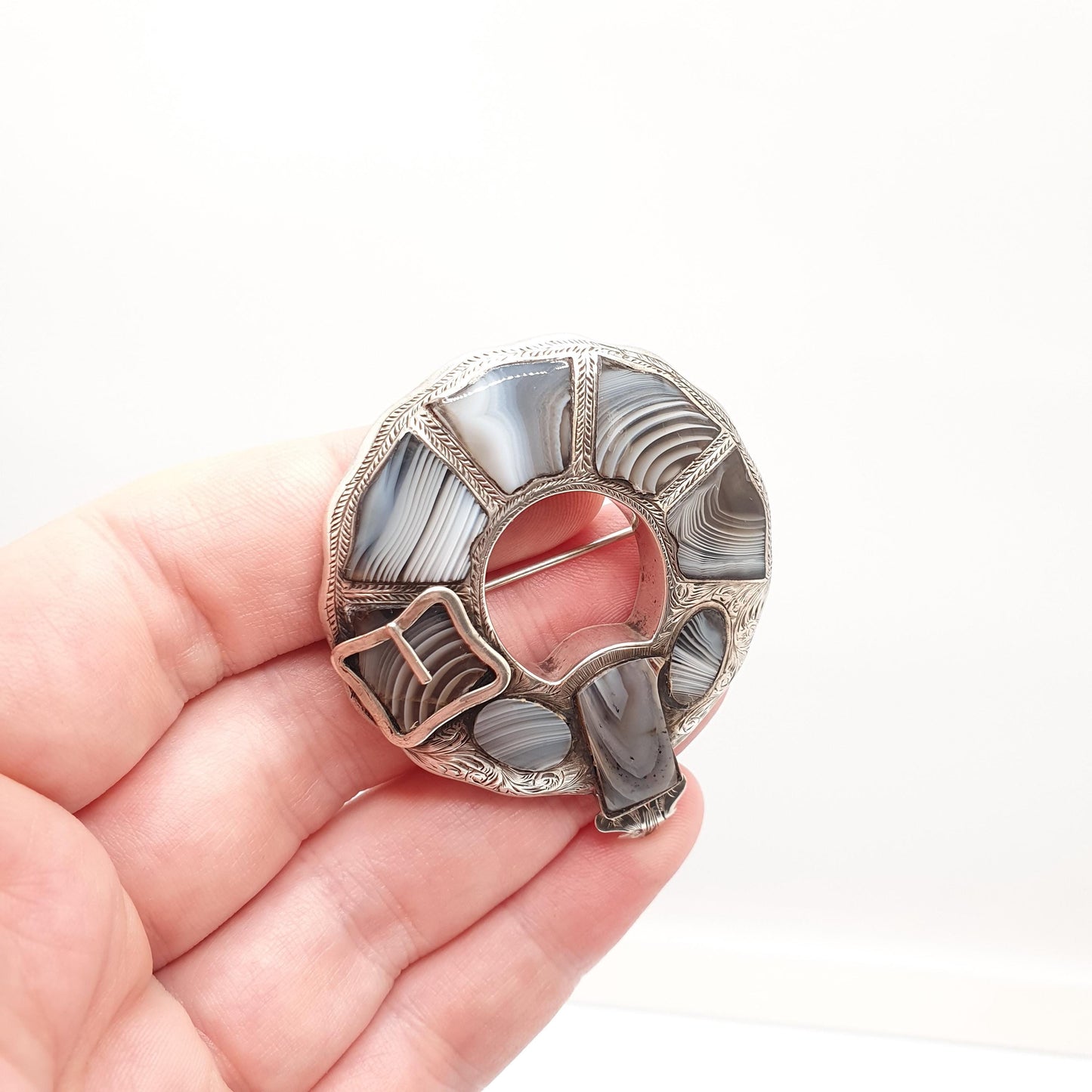 Antique Victorian Sterling Silver Scottish Brooch Montrose Lace Agate Buckle Shape Scotland Large Big Vintage Jewelry Jewellery
