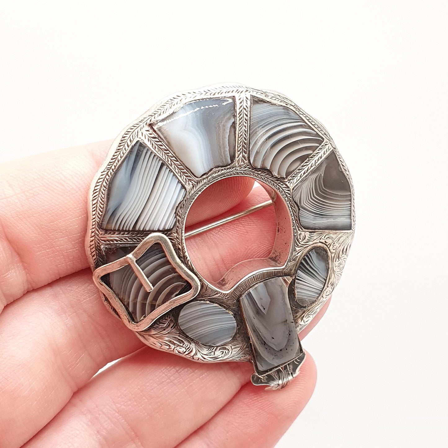 Antique Victorian Sterling Silver Scottish Brooch Montrose Lace Agate Buckle Shape Scotland Large Big Vintage Jewelry Jewellery