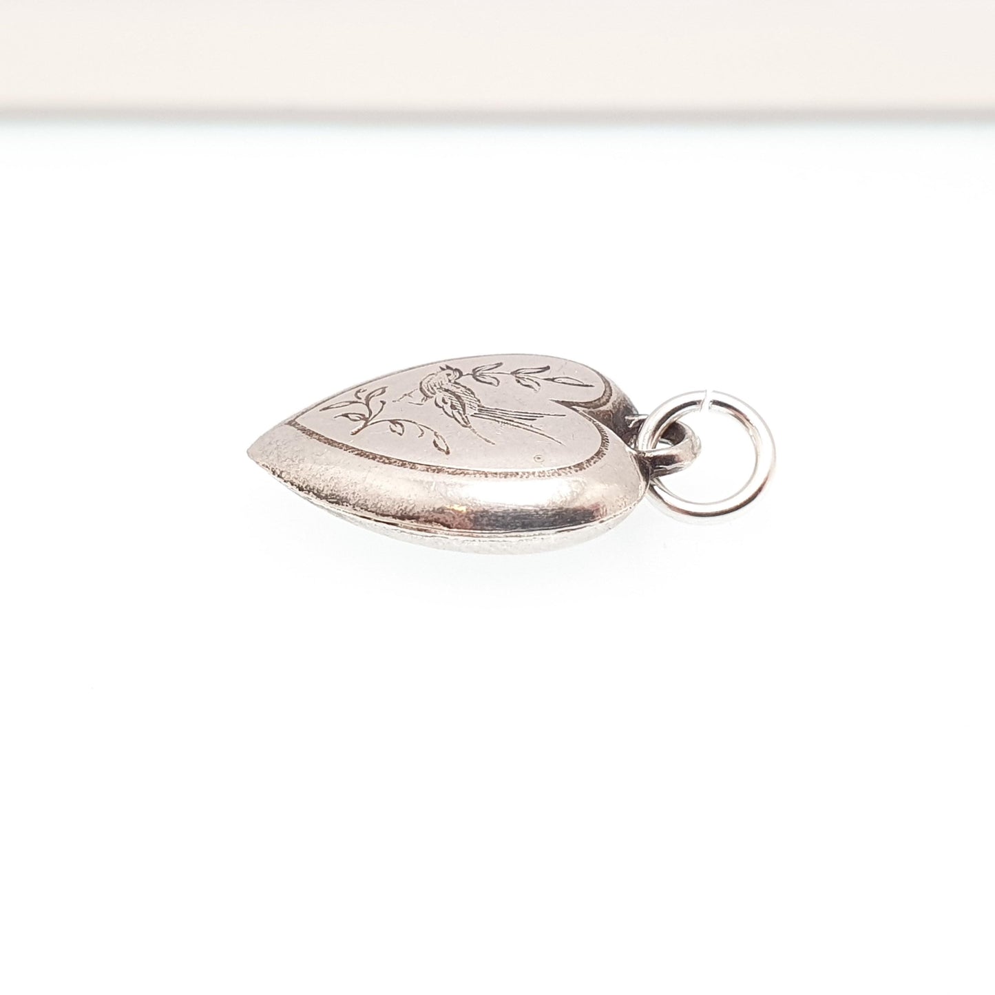 Antique Victorian Sterling Silver Heart Bird Necklace Pendant Engraved Charm Cute Sweetheart Jewelry Vintage Jewellery