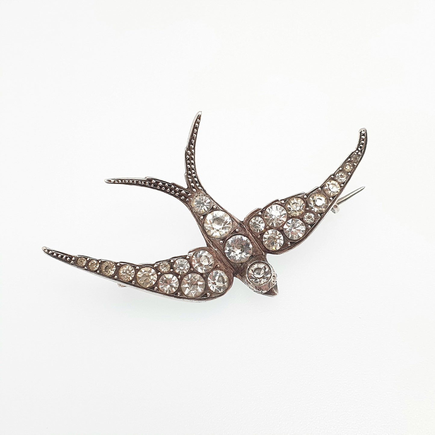 Antique Sterling Silver Victorian Paste Bird Brooch Diamond Foiled Pastes Swallow Large Big Birds Vintage 1800s Parisian Diamond Company