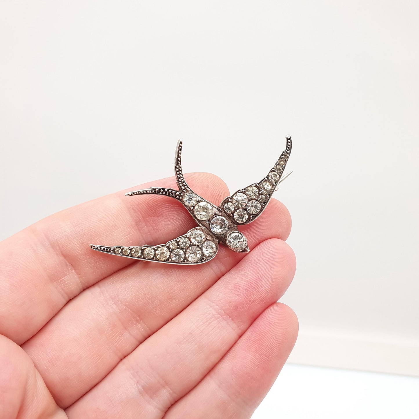 Antique Sterling Silver Victorian Paste Bird Brooch Diamond Foiled Pastes Swallow Large Big Birds Vintage 1800s Parisian Diamond Company
