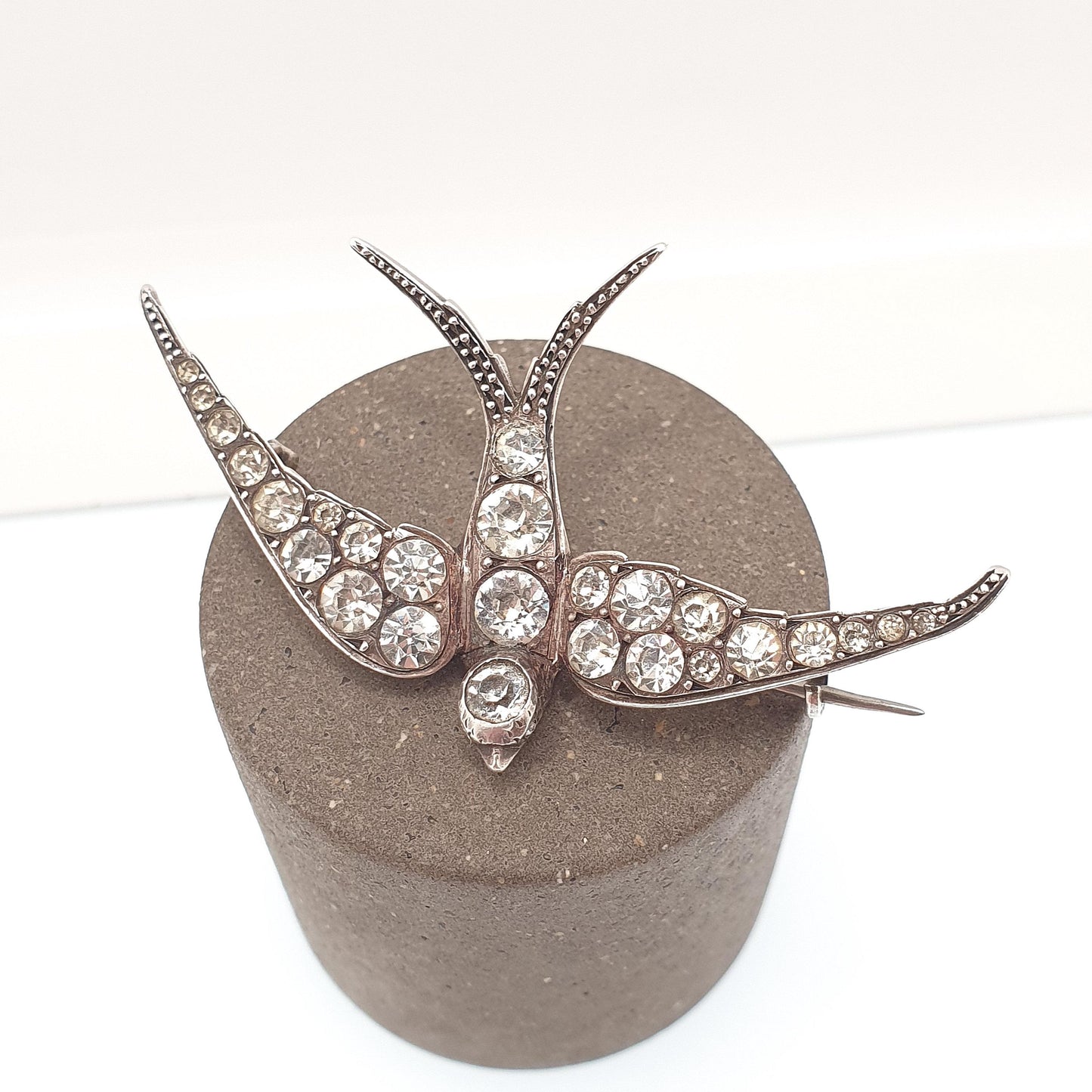 Antique Sterling Silver Victorian Paste Bird Brooch Diamond Foiled Pastes Swallow Large Big Birds Vintage 1800s Parisian Diamond Company