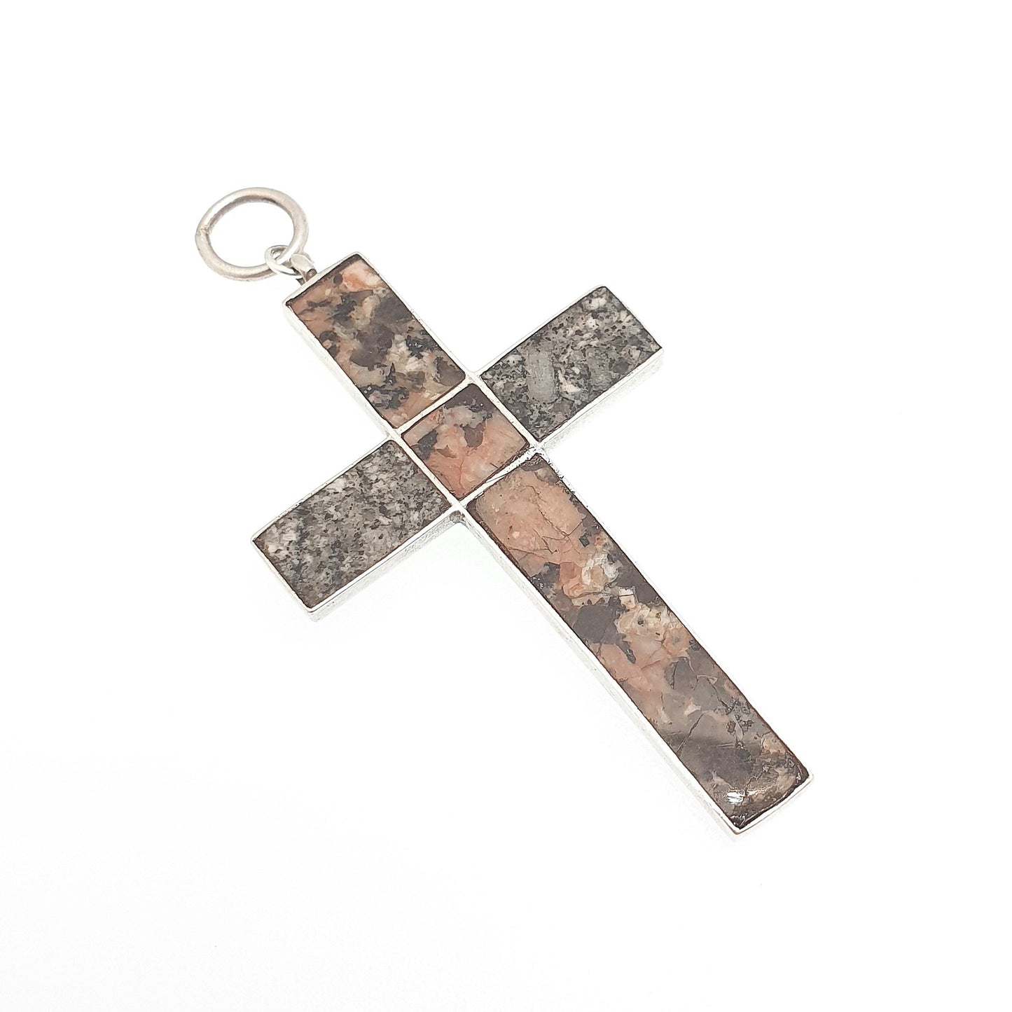 Antique Victorian Solid Silver Scottish Cross Necklace Pendant Aberdeenshire Agate Crucifix Speckled Pink Grey Big Large Vintage