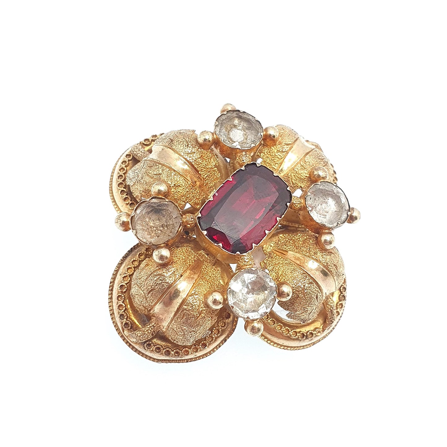 Antique Georgian 15ct Gold Garnet Brooch White Quartz Pin Solid 15kt 625 Etruscan Foiled Gemstones Vintage