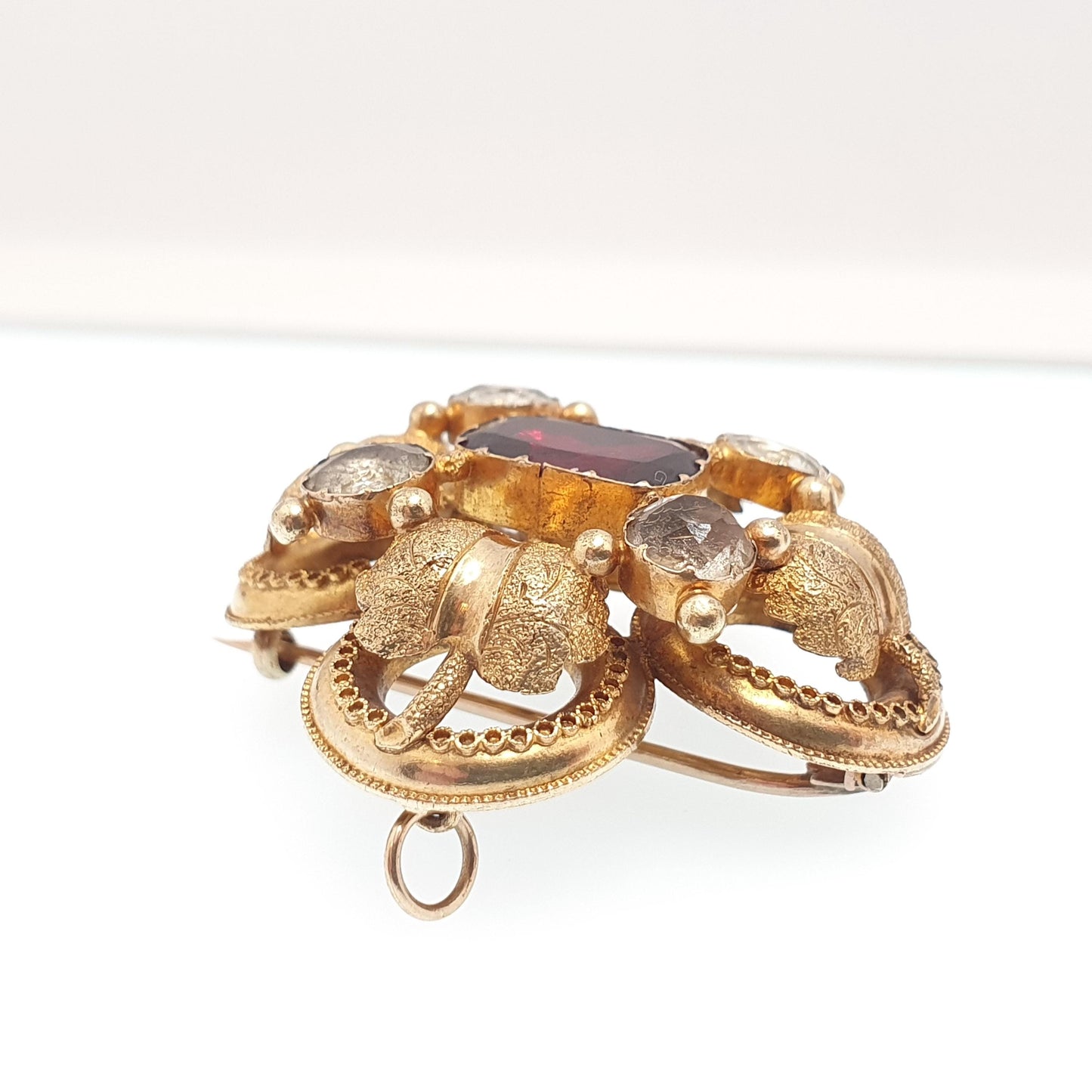 Antique Georgian 15ct Gold Garnet Brooch White Quartz Pin Solid 15kt 625 Etruscan Foiled Gemstones Vintage
