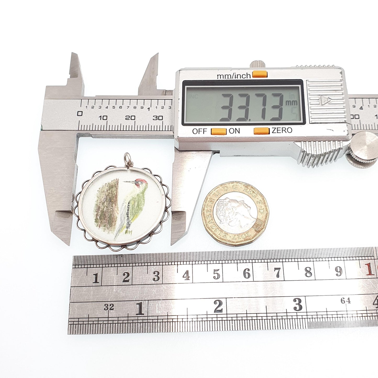 Antique Solid Silver Hand Painted Woodpecker Pendant Necklace Locket Green Bird Picture Painting Vintage Jewelry Jewellery