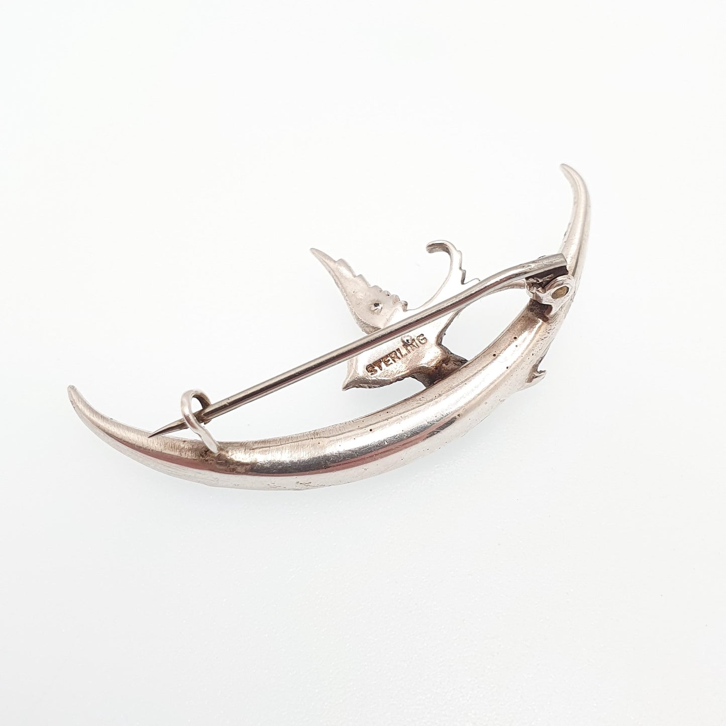 Antique Sterling Silver Bird Brooch Pin Diamond Paste Victorian Crescent Moon Cute Sweet Swallow Vintage Songbird Womens Jewelry Jewellery