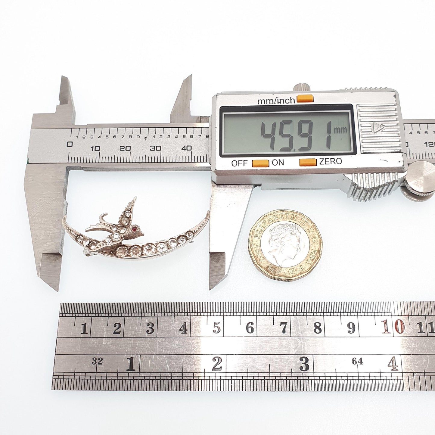 Antique Sterling Silver Bird Brooch Pin Diamond Paste Victorian Crescent Moon Cute Sweet Swallow Vintage Songbird Womens Jewelry Jewellery