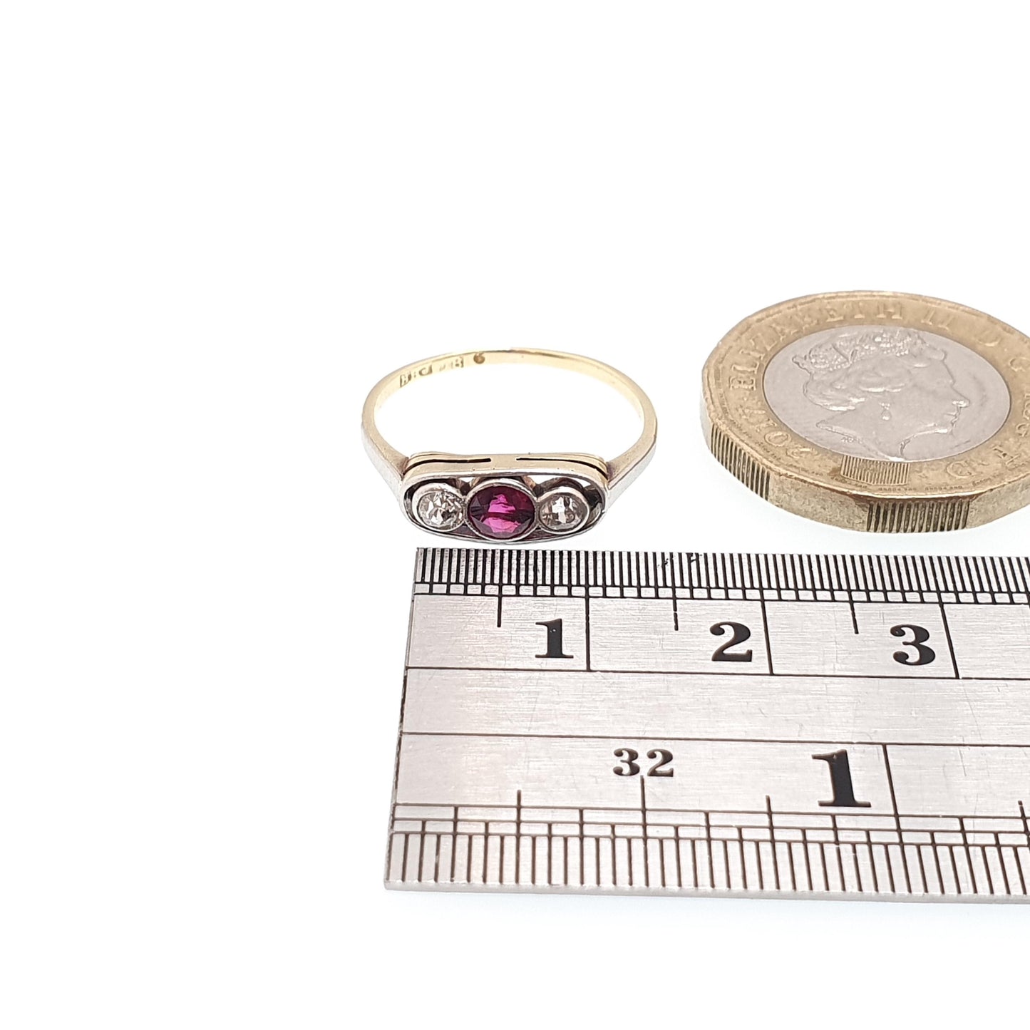 Antique 18ct Gold Natural Ruby & Diamond Ring Art Deco Solid 750 Trilogy 1920s Vintage Jewelry Jewellery
