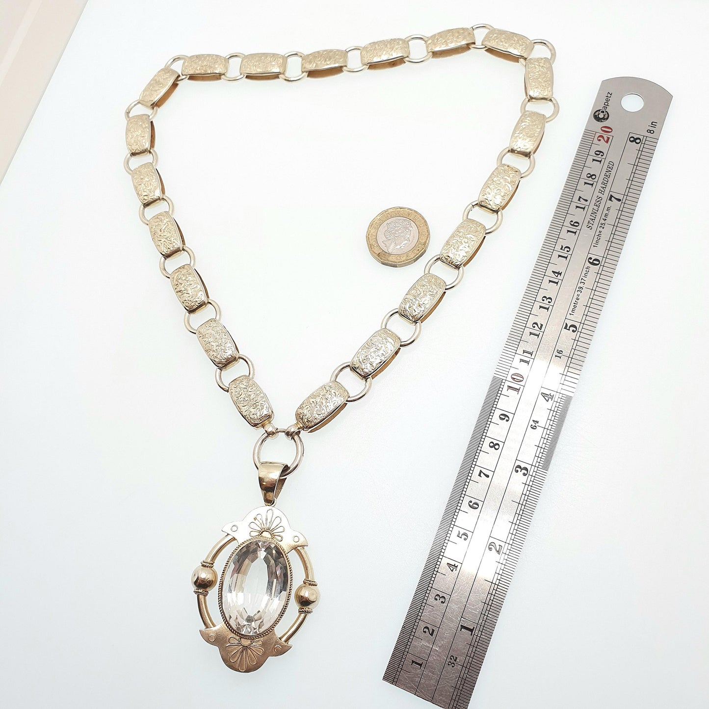 Antique Victorian Solid Silver Bookchain Rock Crystal Necklace Collar Book Chain Quartz Pendant Gold Vermeil Vintage Jewelry Jewellery