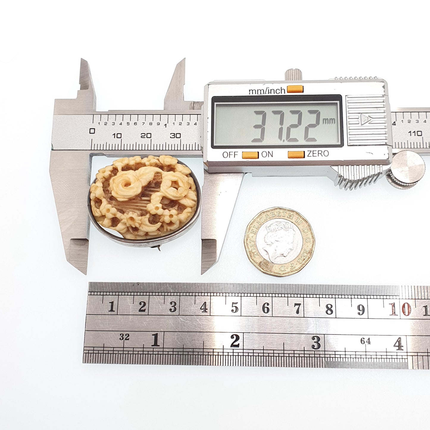 Antique Chinese Bone Cameo Solid Silver Brooch Victorian Ox Bone Hand Carved Flower High Relief Womens Jewelry Jewellery