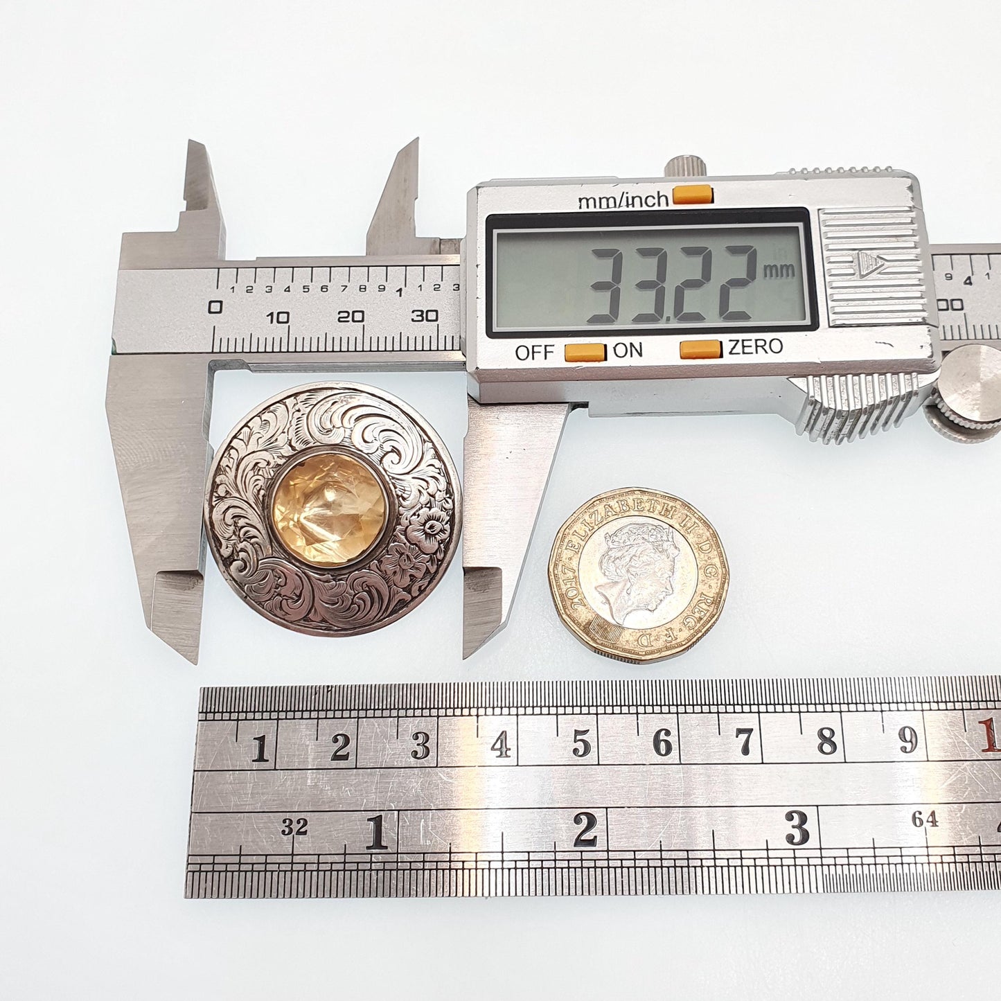 Antique Victorian Solid Silver Citrine Brooch Genuine Gemstone Etruscan Leaf Border Oval Cut Quartz Pin Vintage Womens Jewelry Jewellery