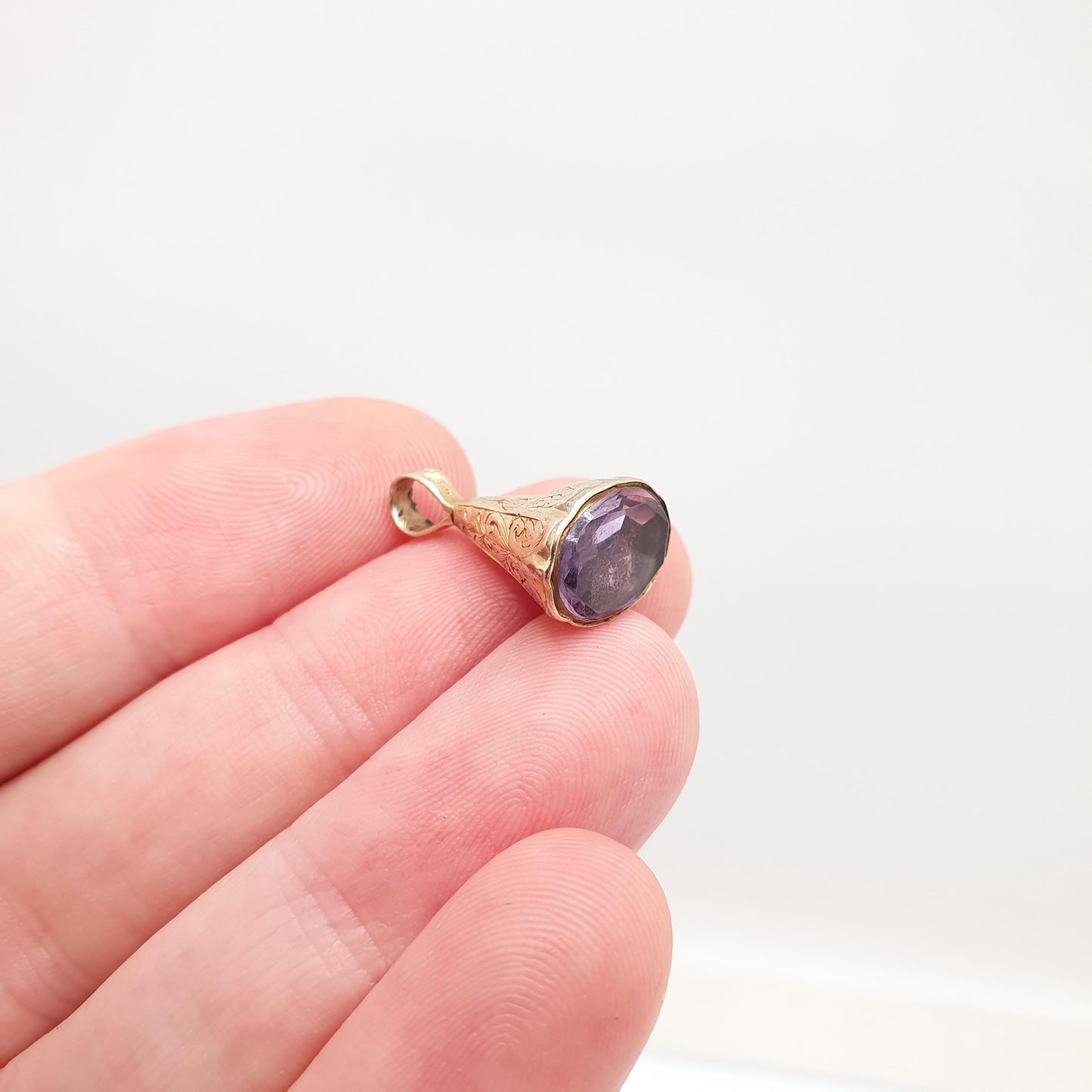 Antique 9ct 9k Gold Amethyst Fob Pendant Necklace Early Victorian Engraved Cone Purple Quartz Gemstone Solid 375 Vintage Jewellery Jewelry