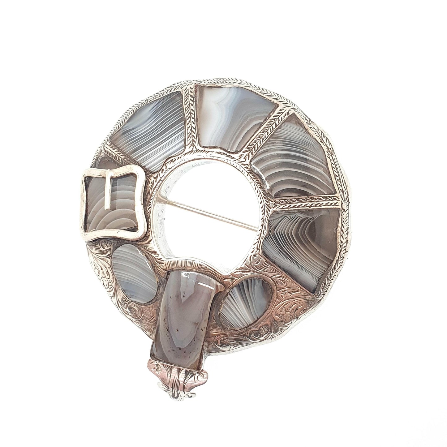 Antique Victorian Sterling Silver Scottish Brooch Montrose Lace Agate Buckle Shape Scotland Large Big Vintage Jewelry Jewellery