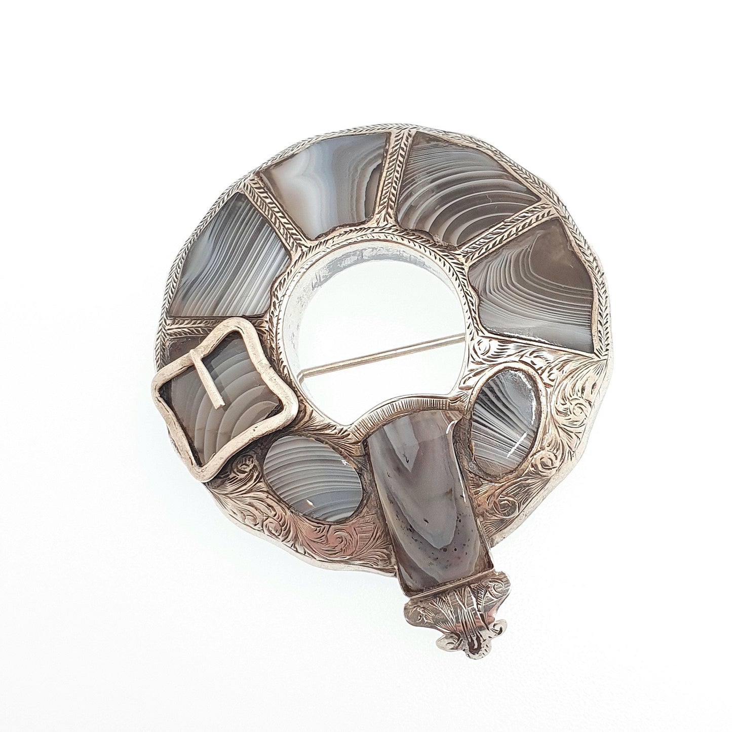 Antique Victorian Sterling Silver Scottish Brooch Montrose Lace Agate Buckle Shape Scotland Large Big Vintage Jewelry Jewellery