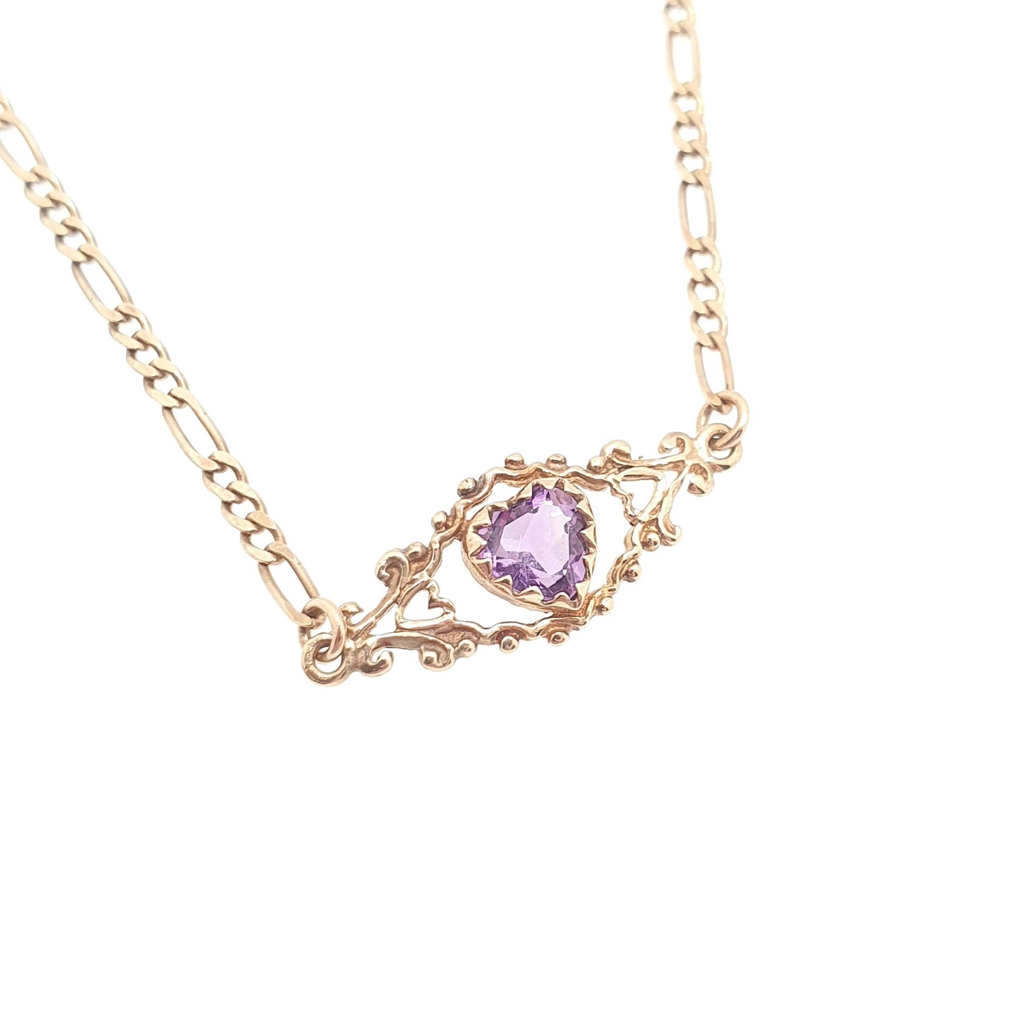 Vintage 9k 9ct Gold Amethyst Bracelet Heart Cut Figaro Link Chain 19cm 7.5" 1.66g Hallmarked Solid 9kt 9 Carat Womens Jewellery Jewelry
