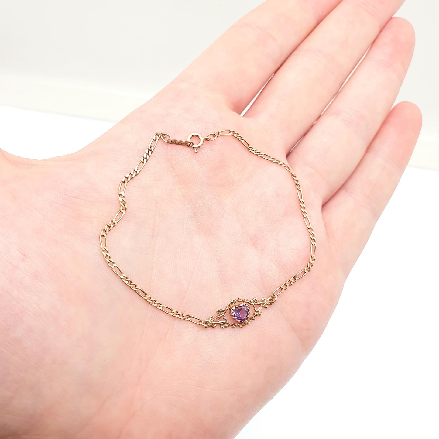 Vintage 9k 9ct Gold Amethyst Bracelet Heart Cut Figaro Link Chain 19cm 7.5" 1.66g Hallmarked Solid 9kt 9 Carat Womens Jewellery Jewelry