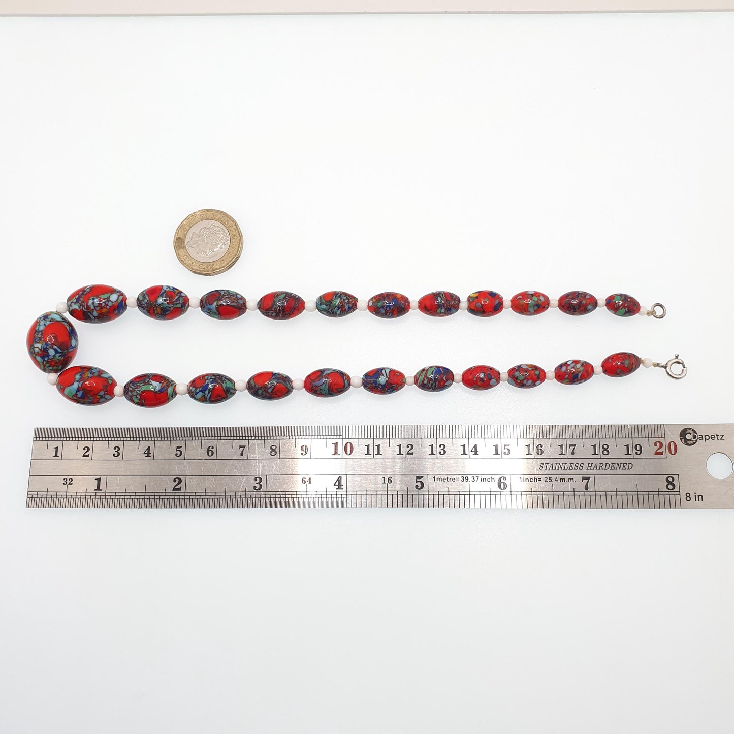 Antique Venetian Murano Glass Bead Necklace Millefiori Pebble Dash Red Blue 1920s 42cm 48.49g Venice Vintage Italian Jewelry Jewellery