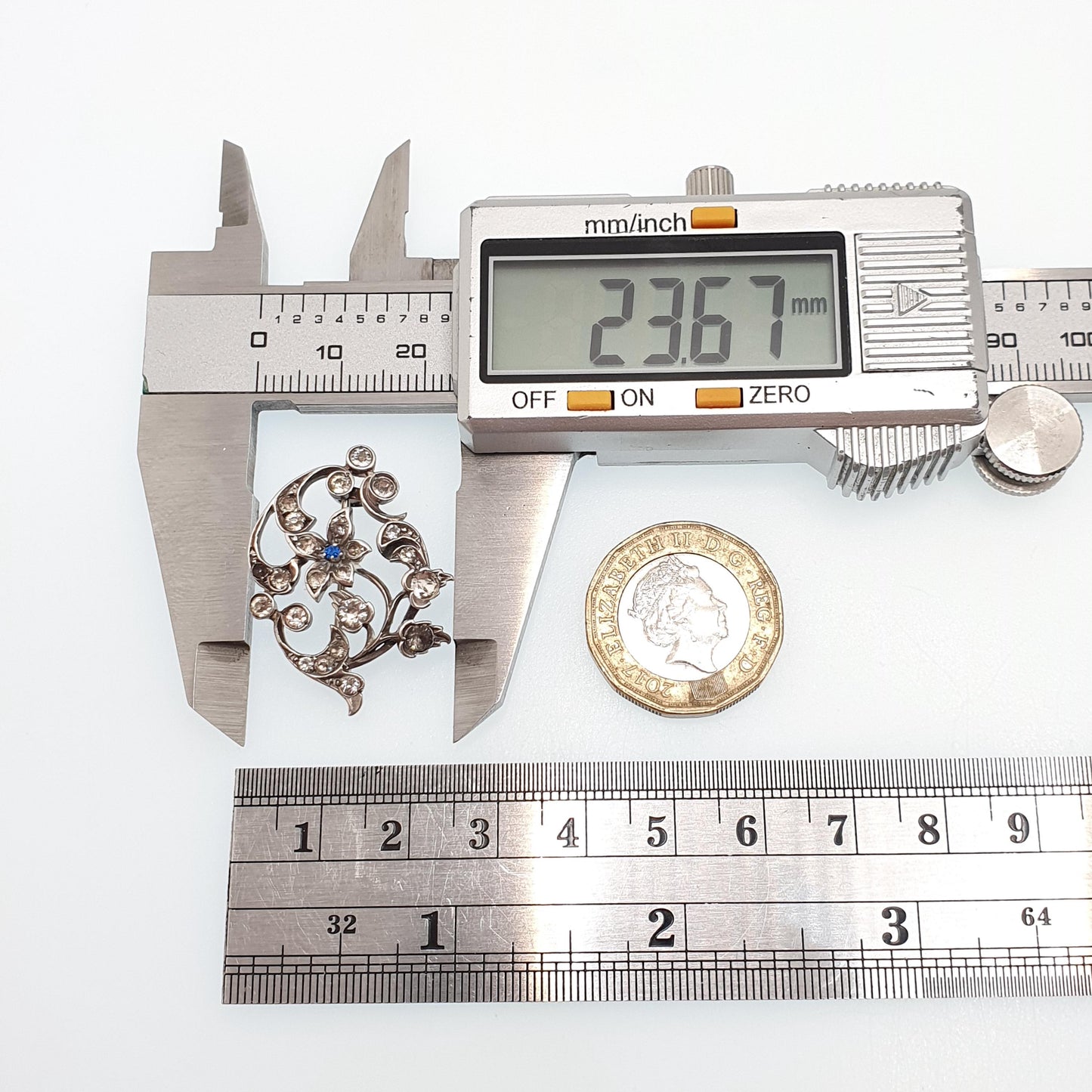 Antique Solid Silver Sapphire & Diamond Paste Brooch Victorian Art Nouveau Pin 1800s Sparkly Vintage Womens Jewelry Jewellery