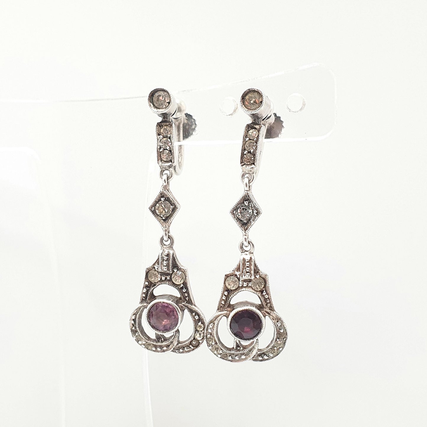 Antique Solid Silver Amethyst & Diamond Paste Earrings Art Deco Hanging Drop Pendulum Chandelier 1920s Vintage Jewelry Jewellery
