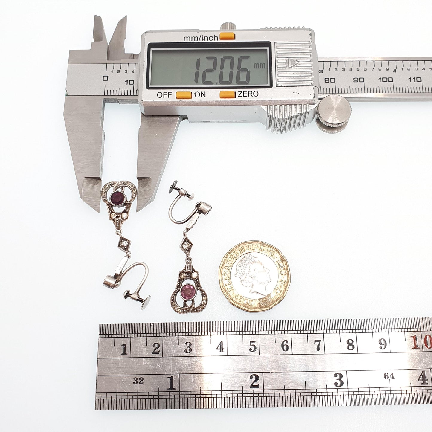 Antique Solid Silver Amethyst & Diamond Paste Earrings Art Deco Hanging Drop Pendulum Chandelier 1920s Vintage Jewelry Jewellery