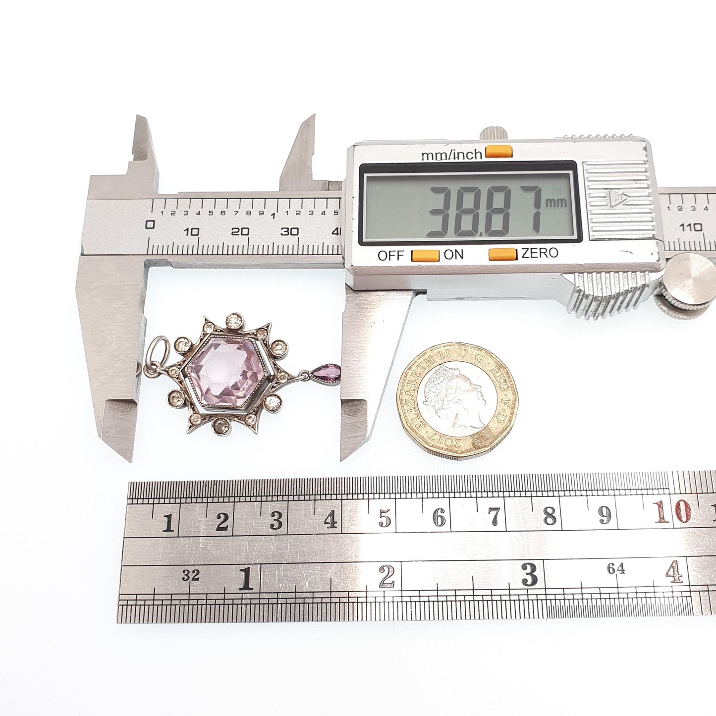Antique Solid Silver Amethyst & Diamond Paste Pendant Necklace Star Cluster Celestial Hexagon Cut Rare Vintage Womens Jewellery Jewelry