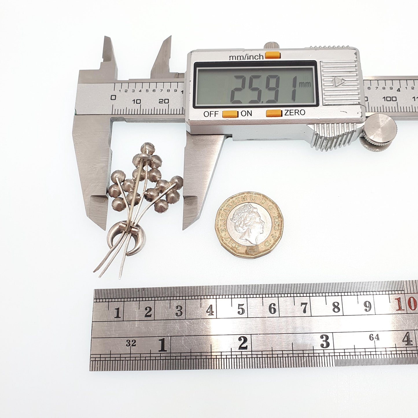 Antique Victorian Solid Silver Diamond Paste Brooch Crescent Moon Rose Gold Highlight Floral Spray Sparkly Vintage Jewelry Jewellery