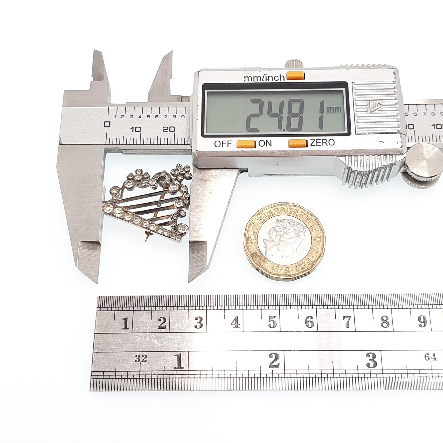 Antique Sterling Silver Harp Brooch Diamond Paste PARISIAN DIAMOND COMPANY Victorian Sweetheart Vintage Womens Jewelry Jewellery