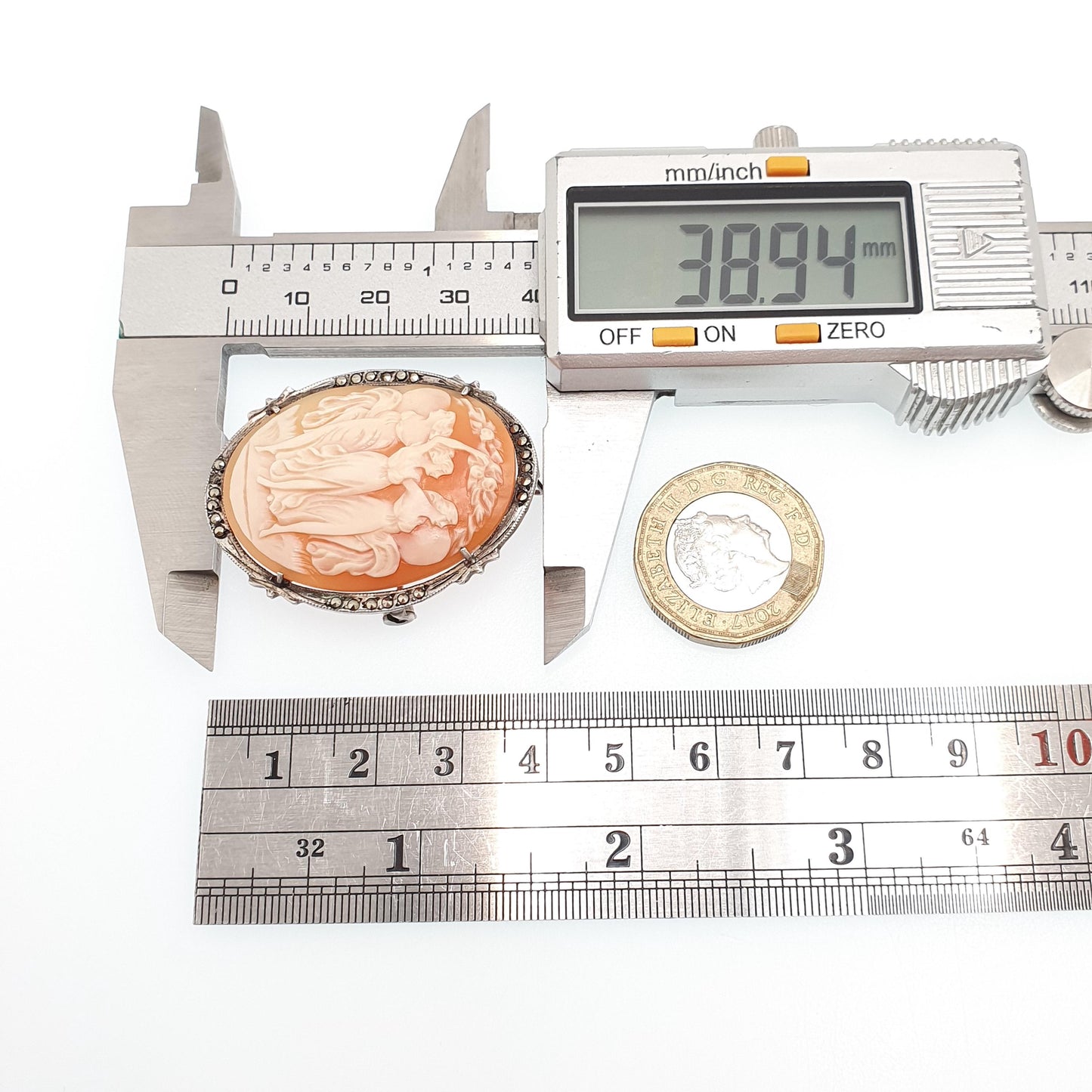 Antique Solid Silver Three Graces Cameo Necklace Pendant Brooch Marcasite Art Deco Shell Hand Carved Italian Jewelry Jewellery Jewelry