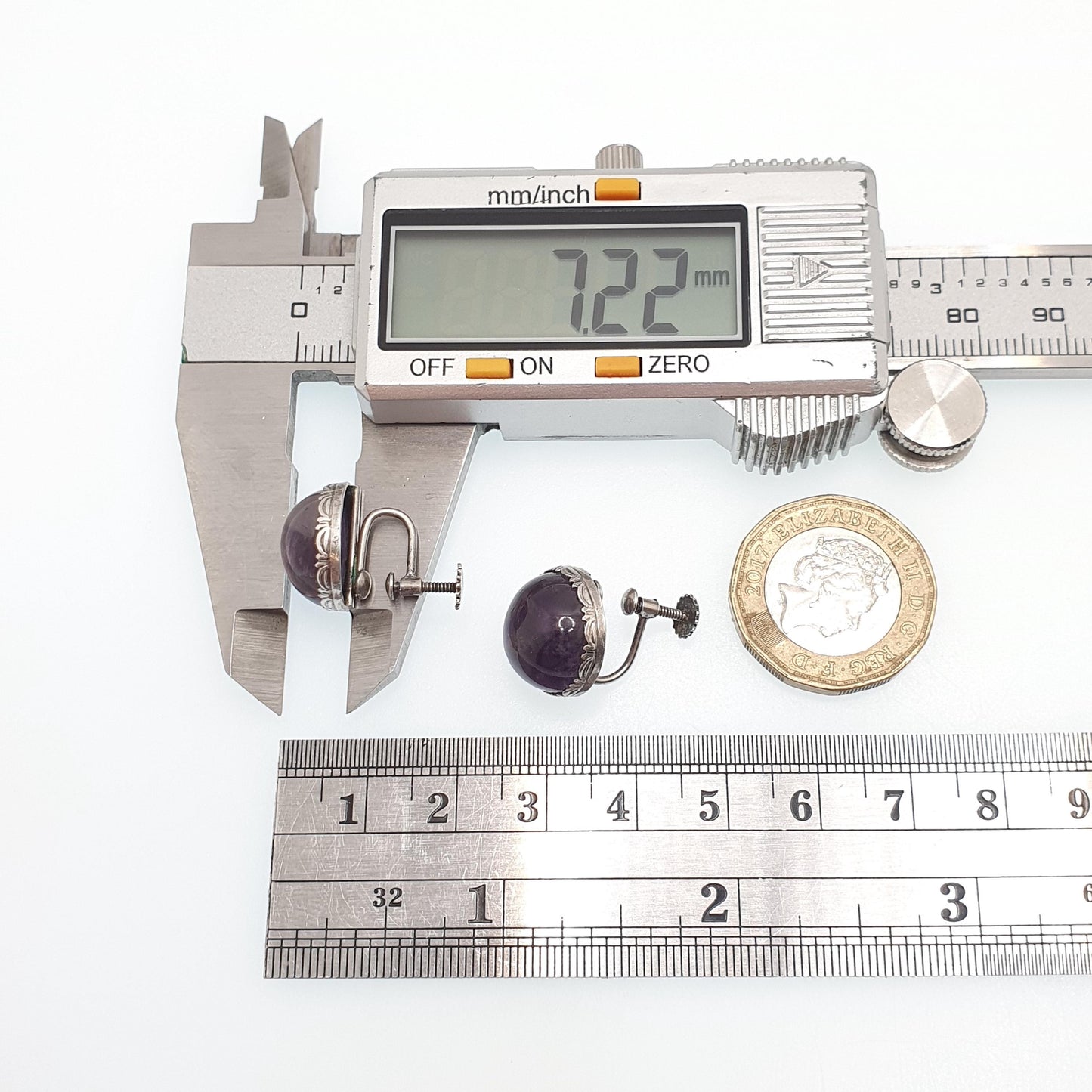 Antique Solid Silver Natural Amethyst Earrings Large Gemstone Cabochon Arts and Crafts Genuine Quartz Womens Ladies Jewelry