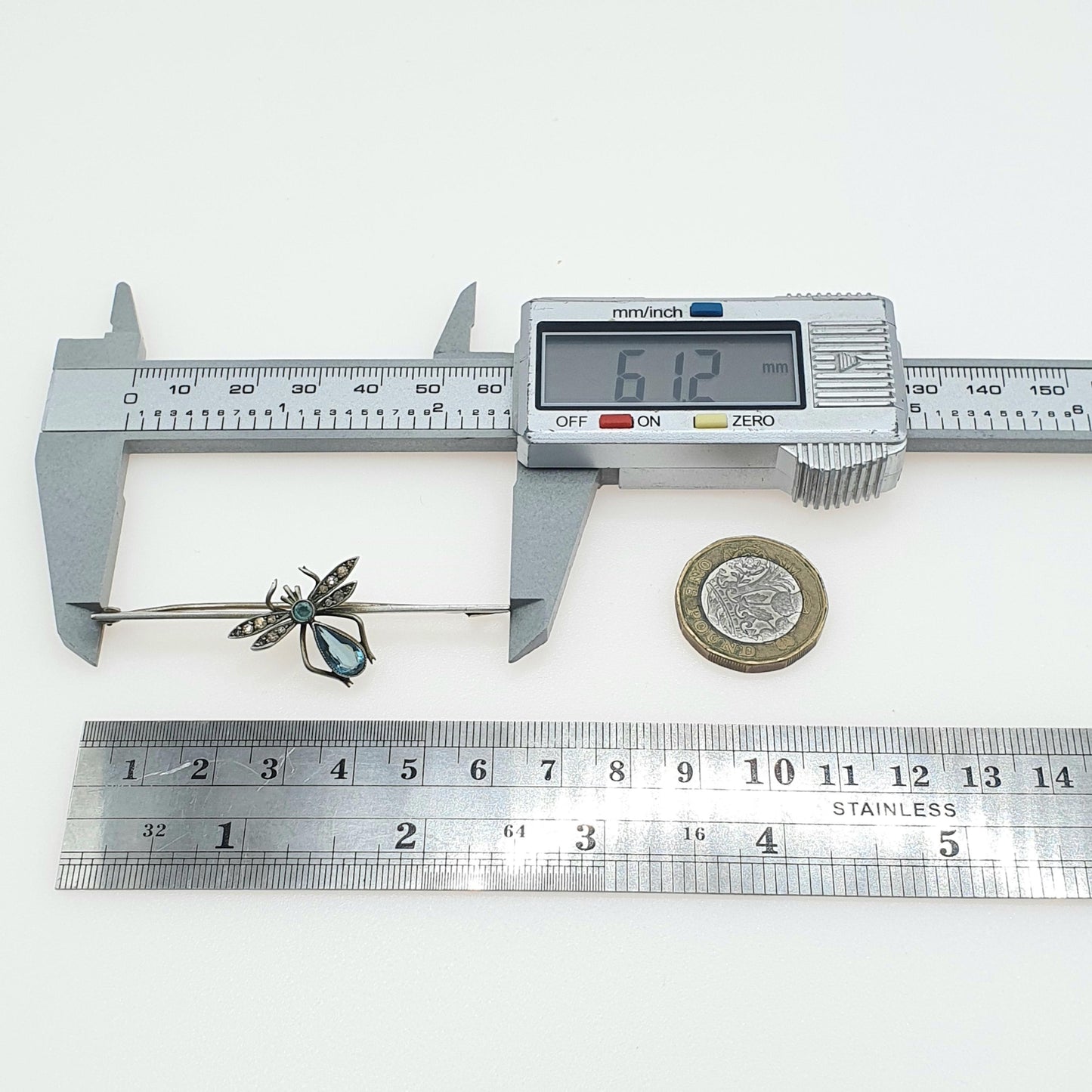 Antique Aquamarine & Diamond Paste Insect Brooch Bug Insect Silver Tone Base Metal Womens Jewelry Jewellery