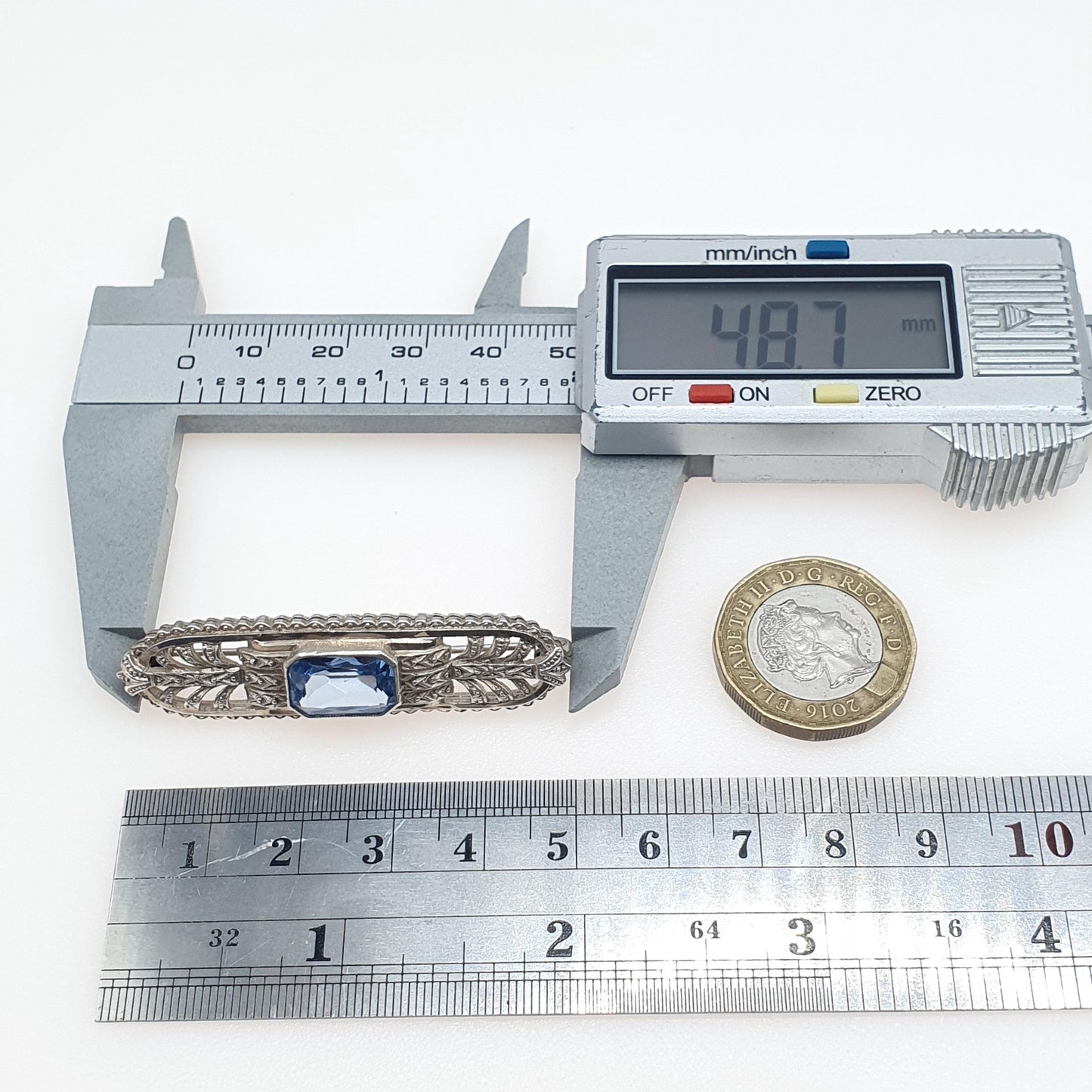 Antique Art Deco Solid Silver Blue Spinel Brooch Rectangle Cut Blue Gemstone Womens Ladies Jewelry Jewellery