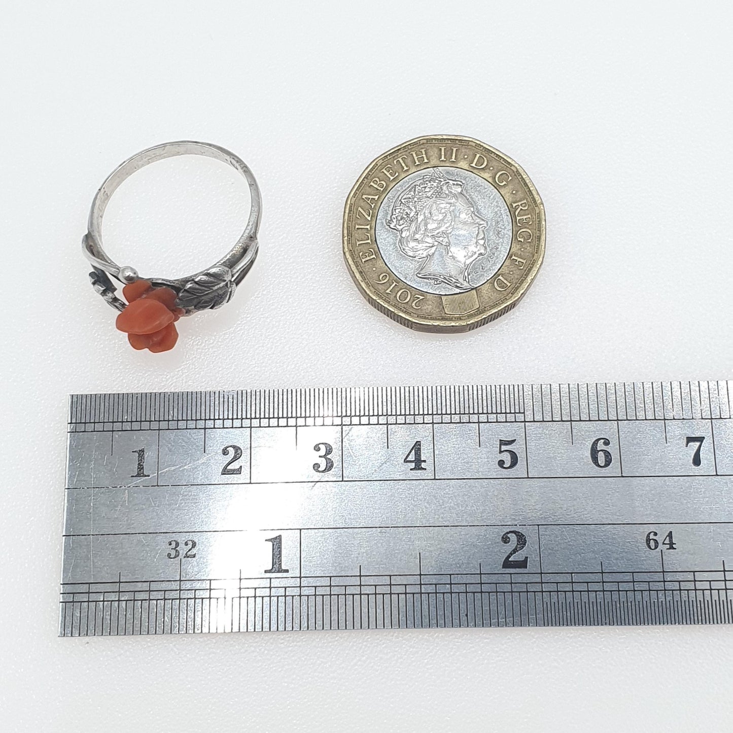 Antique Solid Silver Carved Coral Flower Ring Hand Carved Gemstone Orange Womens Ladies Jewelry Jewellery