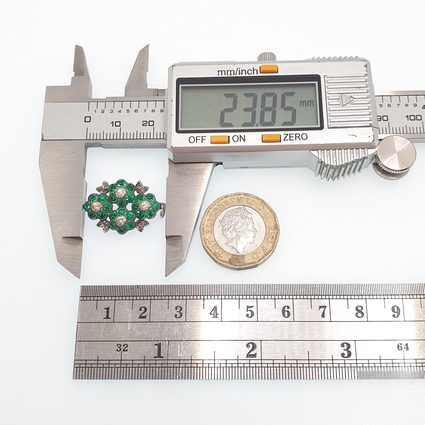 Antique Victorian Solid Silver Diamond Emerald Paste Necklace Pendant Flower Cluster Vintage Jewellery Jewelry