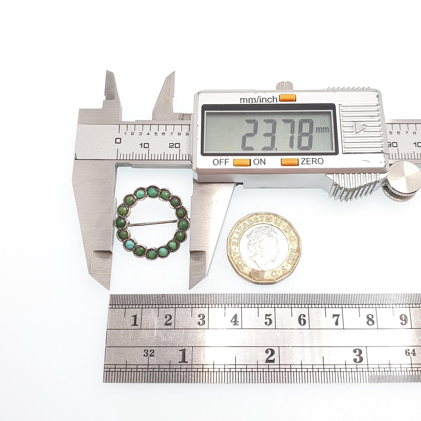 Antique Victorian Solid Silver Turquoise Brooch Circle O 0 Zero Infinity Natural Gemstone Womens Jewelry Jewellery Vintage