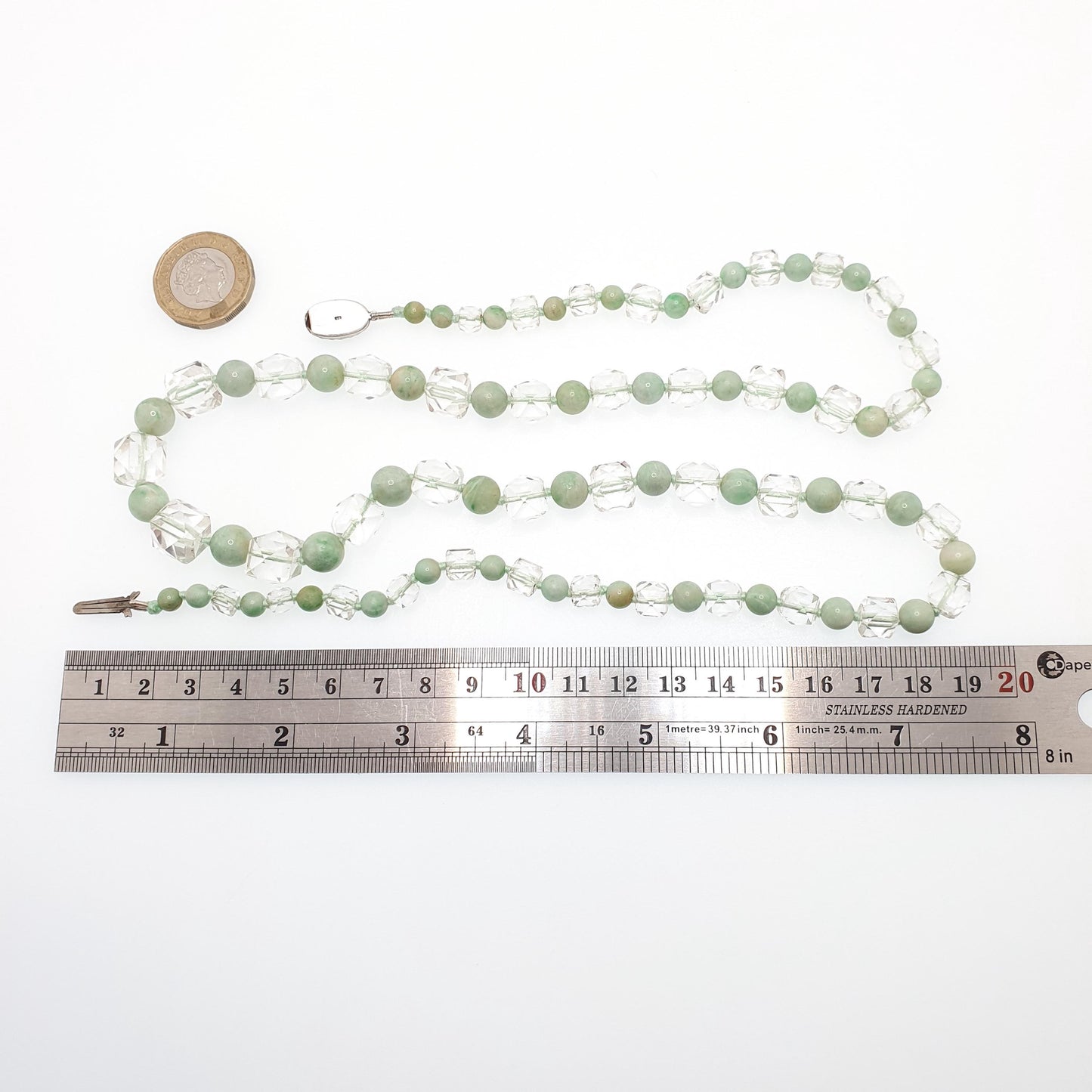 Antique Jade & Rock Crystal Bead Necklace Art Deco 1920s White Quartz 178cm 70" Solid Silver Paste Clasp Square Faceted Round Beads